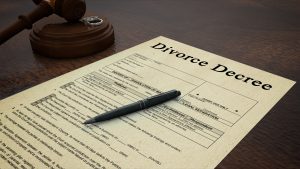 Side low shot of a divorce decree paper with a pen, gavel and rings